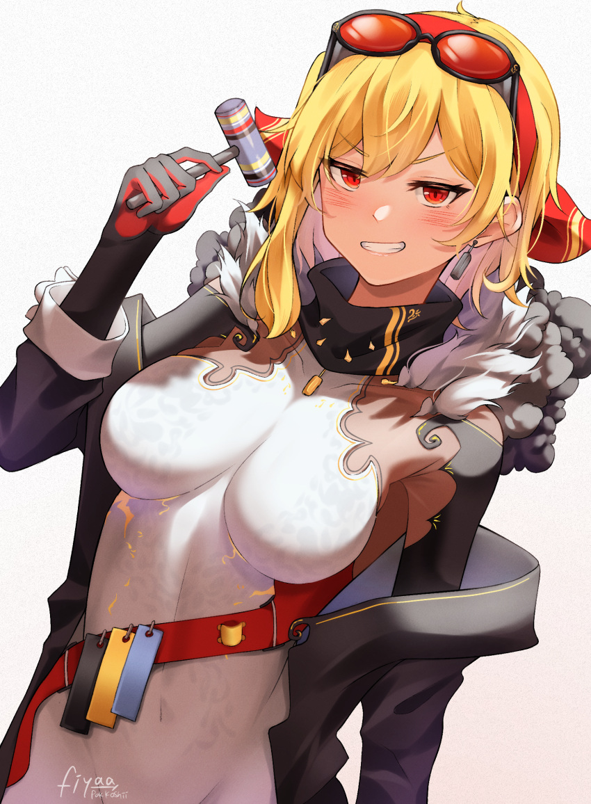 1girl, bangs, blonde_hair, blush, bodystocking, bodysuit, breasts, collarbone, dress, earrings, english_commentary, eyebrows_visible_through_hair, fiyaa_(pakkoshii), fur_trim, gloves, goggles, goggles_on_head, grin, headband, highres, holding, holding_mallet, hololive, hololive_indonesia, impossible_clothes, impossible_dress, jewelry, kaela_kovalskia, looking_at_viewer, mallet, mallet_(instrument), medium_breasts, medium_hair, red_eyes, red_headband, scarf, simple_background, smile, solo, standing, teeth, tight, tight_dress, two-tone_bodysuit, two-tone_dress, virtual_youtuber, white_dress