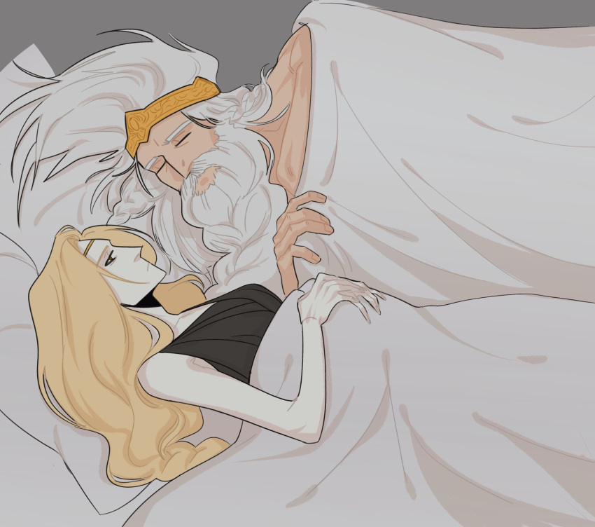 1boy, 1girl, beard, black_dress, blonde_hair, closed_eyes, closed_mouth, crown
