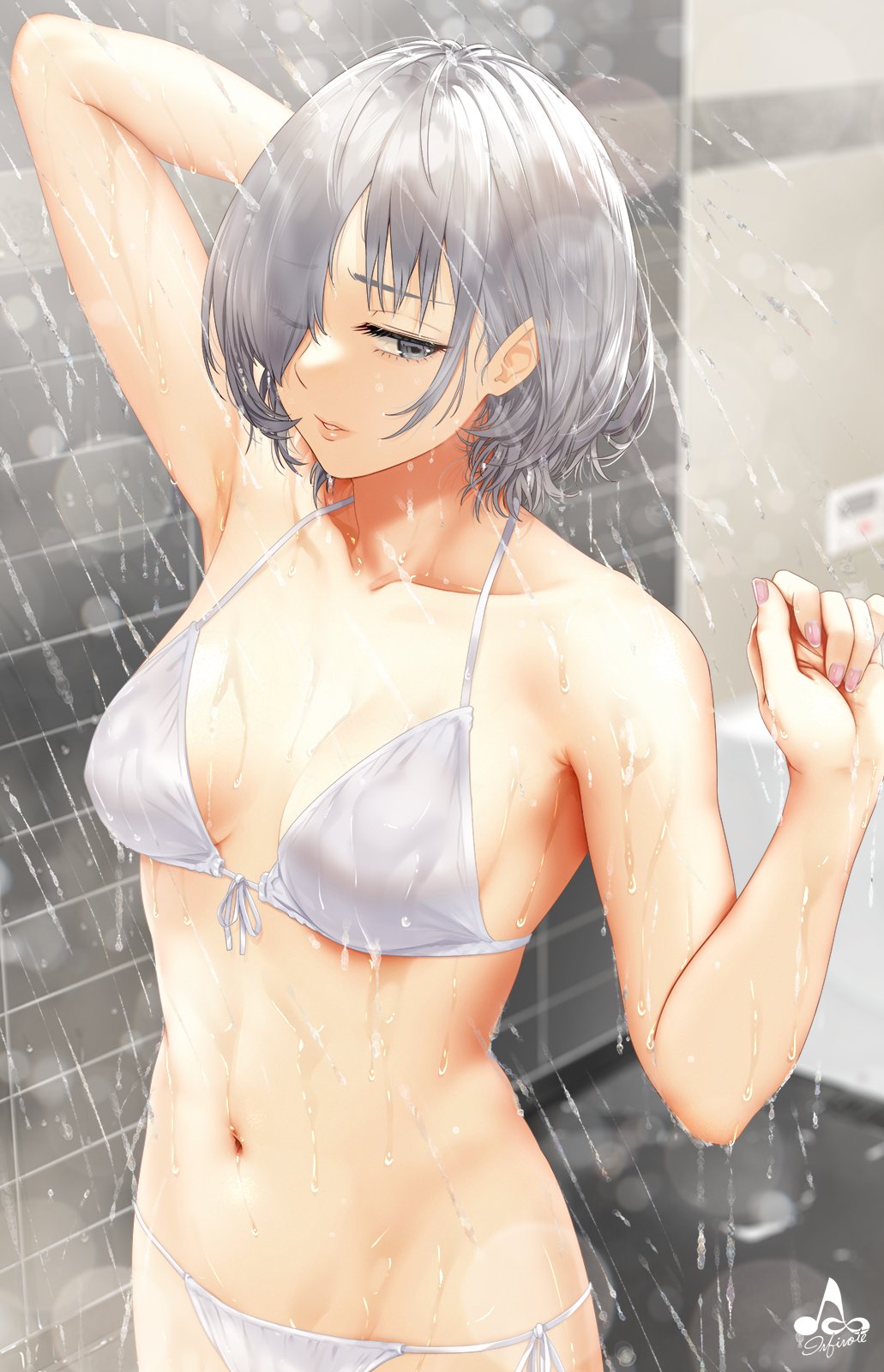1girl, arm_behind_head, artist_logo, bikini, breasts, collarbone, eyebrows_visible_through_hair, eyes_visible_through_hair