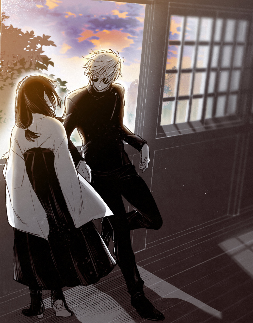 1boy, 1girl, bangs, full_body, gojou_satoru, highres, indoors, iori_utahime