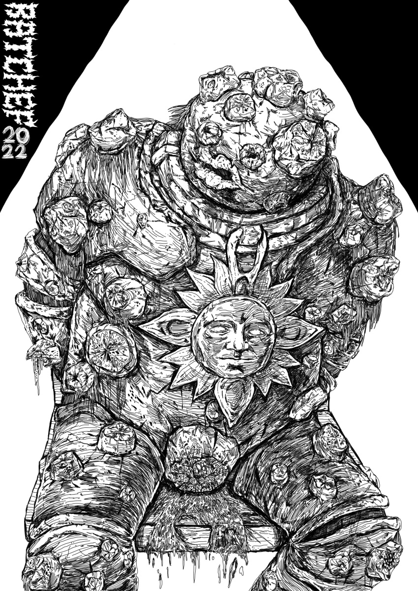1boy, absurdres, armor, artist_name, bound, bound_arms, dated, dung_eater_(elden_ring), elden_ring, full_armor, greyscale, highres, monochrome, pauldrons, poop, ratchef, shoulder_armor, sitting, solo