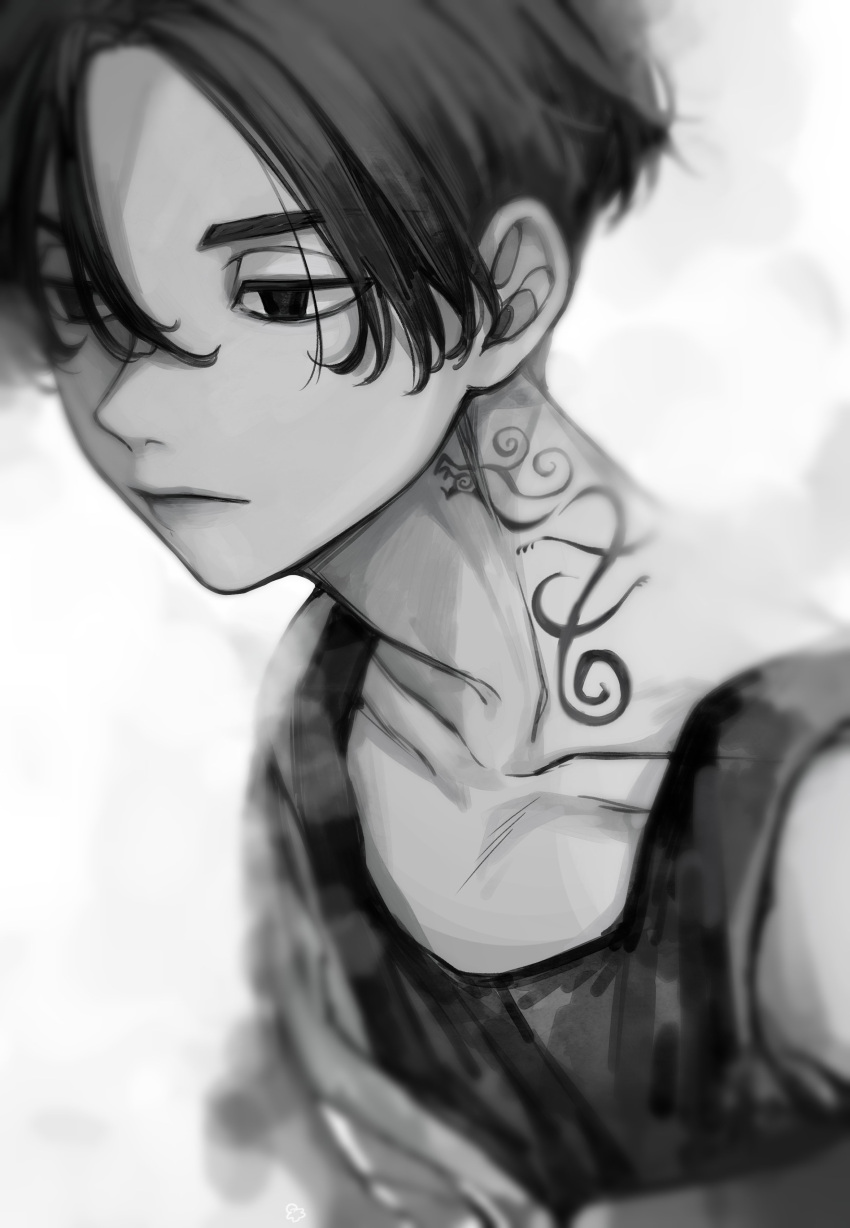 1boy, absurdres, bangs, closed_mouth, collarbone, empty_eyes, greyscale, hair_between_eyes