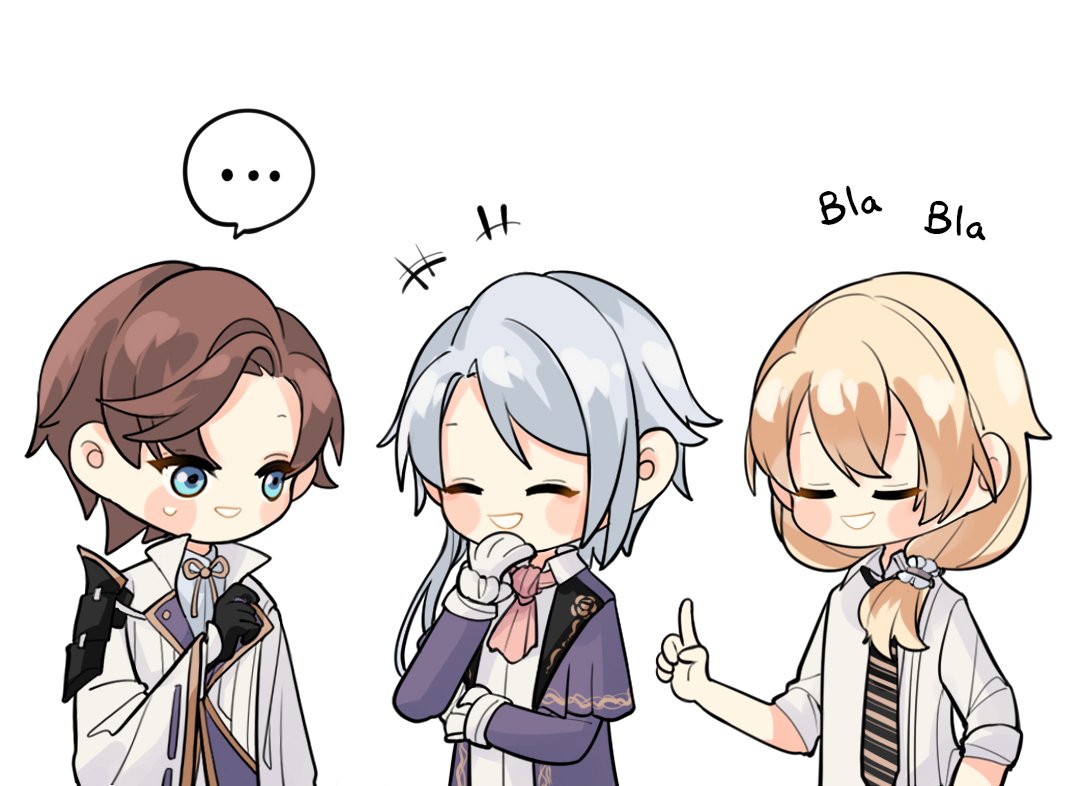 ..., 3boys, aka_lunato, artem_wing_(tears_of_themis), artem_wing_(tears_of_themis)_(cosplay), black_necktie, blonde_hair, blue_eyes, blue_hair, blush_stickers, brown_hair, chibi, closed_eyes, coat, company_connection, cosplay, costume_switch, crossover, genshin_impact, honkai_(series), honkai_impact_3rd, kamisato_ayato, kamisato_ayato_(cosplay), long_hair, mihoyo_technology_(shanghai)_co._ltd., multiple_boys, necktie, open_mouth, otto_apocalypse, otto_apocalypse_(cosplay), polo_shirt, ponytail, purple_coat, short_hair, simple_background, speech_bubble, tears_of_themis, voice_actor_connection, white_background, white_coat