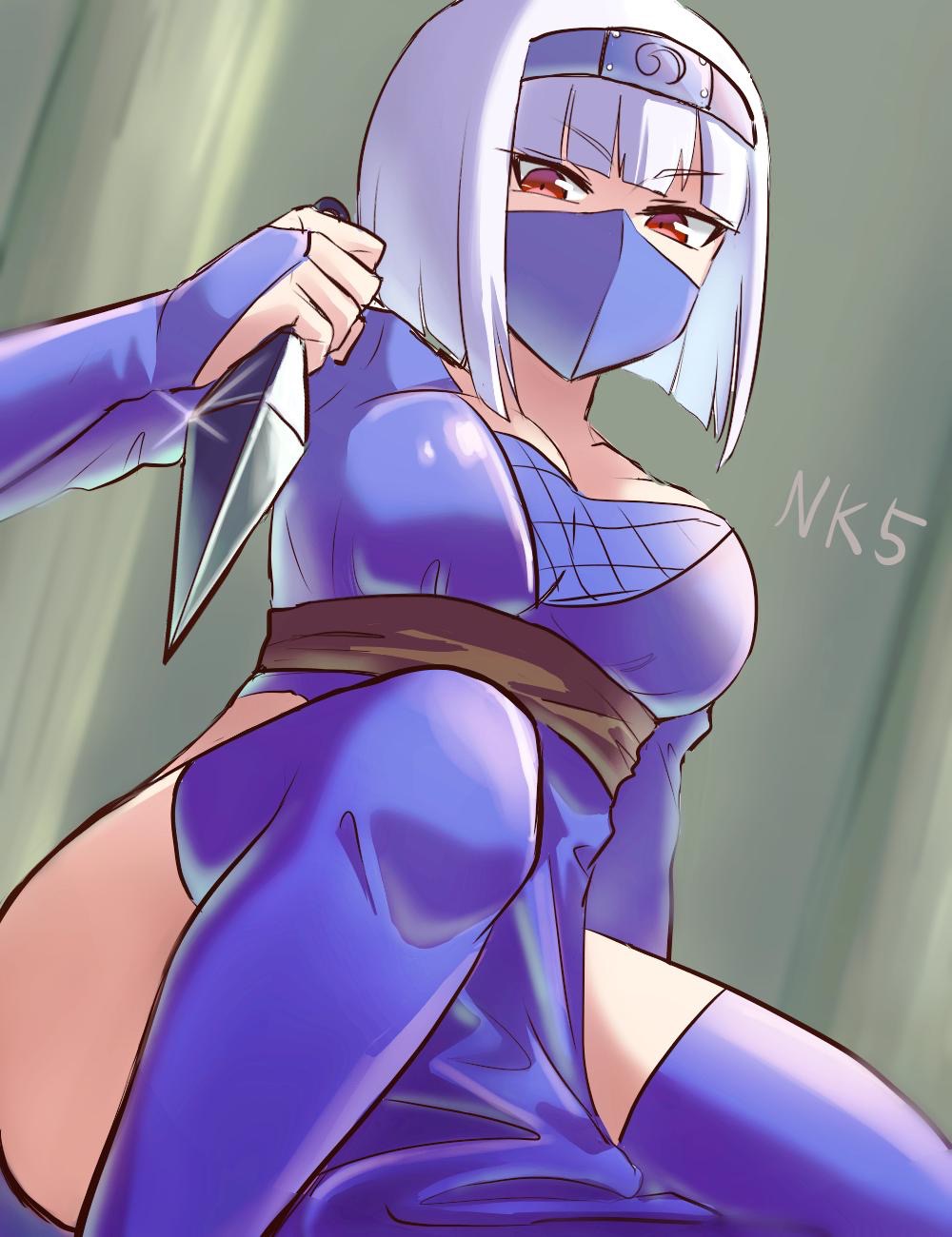 1girl, bangs, blue_kimono, blue_legwear, bob_cut, breasts, brown_sash, character_request, commentary_request, cookie_(touhou), ex_(nicoseiga26226062), eyebrows_visible_through_hair, feet_out_of_frame, fishnets, forehead_protector, glint, highres, japanese_clothes, kimono, konpaku_youmu, kunai, large_breasts, looking_at_viewer, mask, mouth_mask, ninja, ninja_kewpie_five, ninja_mask, pelvic_curtain, red_eyes, reverse_grip, short_hair, solo, thigh-highs, touhou, weapon, white_hair