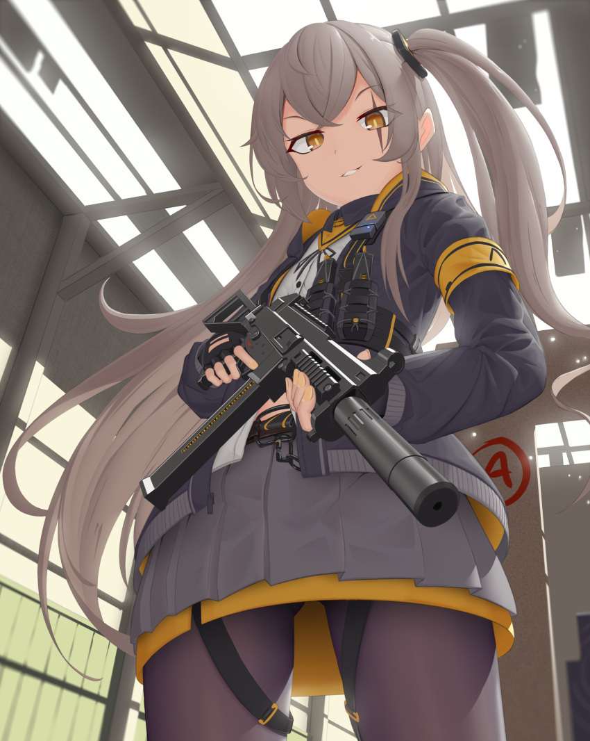 1girl, absurdres, bangs, black_gloves, black_jacket, black_legwear, brown_eyes, english_commentary