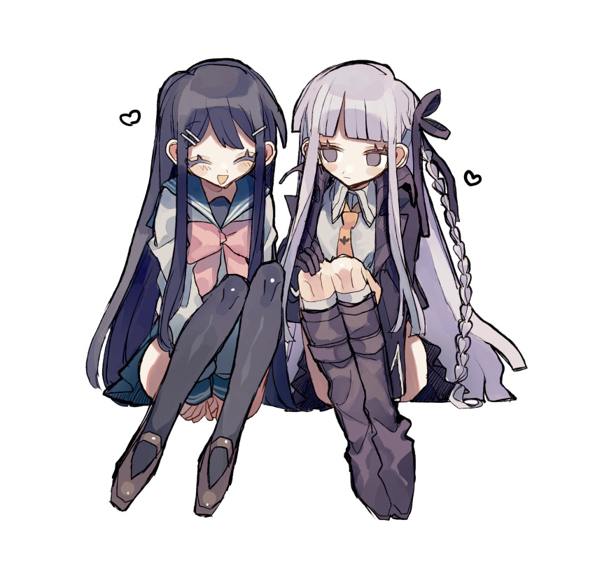 2girls, :d, absurdres, bangs, black_footwear, black_gloves, black_ribbon, blue_sailor_collar, blue_skirt, blush, boots, bow, bowtie, braid, brown_necktie, closed_mouth, collared_shirt, danganronpa:_trigger_happy_havoc, danganronpa_(series), expressionless, full_body, gloves, grey_background, hair_ornament, hair_ribbon, hairclip, happy, heart, highres, invisible_chair, kirigiri_kyouko, knee_boots, long_hair, long_sleeves, looking_at_another, maizono_sayaka, manaita_no_sake, multiple_girls, necktie, open_mouth, pink_bow, pink_bowtie, ribbon, sailor_collar, shiny, shiny_hair, shirt, simple_background, sitting, skirt, smile, thigh-highs