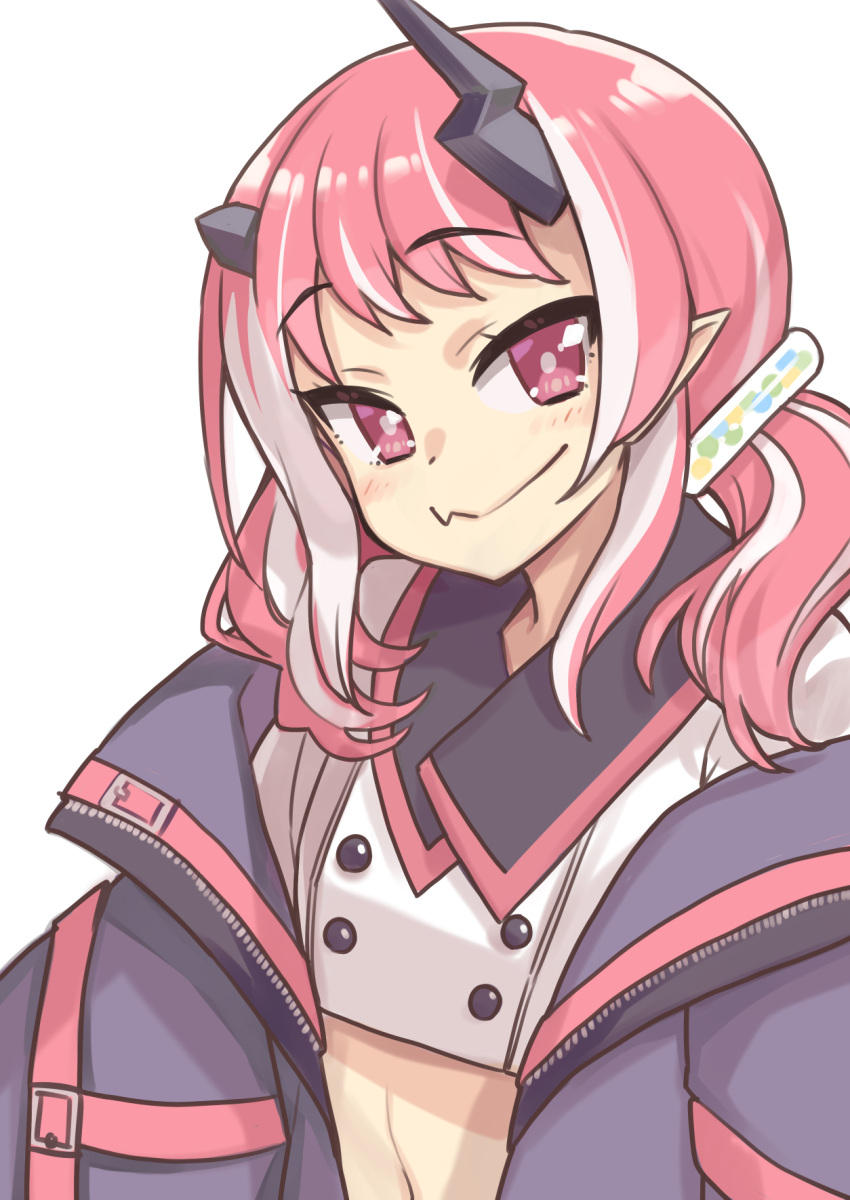 1girl, alternate_eye_color, alternate_hair_color, alternate_hairstyle, bangs, blush, buttons, closed_mouth, commentary_request, cosplay, crop_top, demon_girl, demon_horns, double-breasted, eyebrows_visible_through_hair, fang, fang_out, flat_chest, heebee, highres, horns, jacket, kisaki_anko, kisaki_anko_(cosplay), long_hair, looking_at_viewer, low_twintails, multicolored_hair, off_shoulder, pink_eyes, pink_hair, pointy_ears, purple_jacket, shirt, shishio_chris, simple_background, skin_fang, smile, solo, sugar_lyric, twintails, two-tone_hair, upper_body, v_ap_art, virtual_youtuber, white_background, white_hair, white_shirt