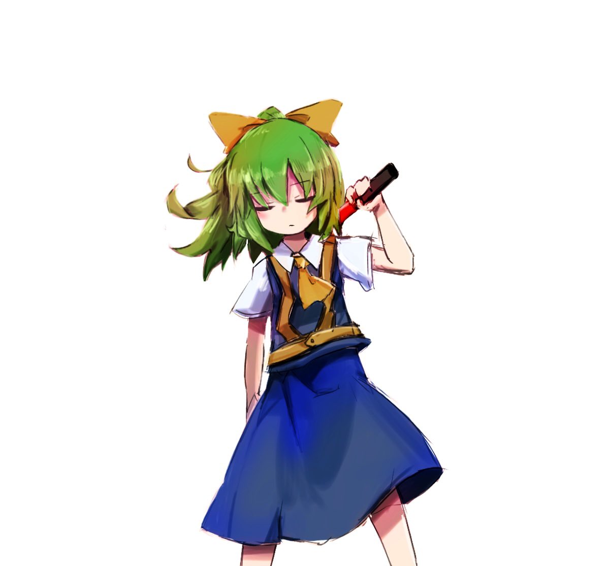 1girl, ascot, bangs, blue_skirt, blue_vest, bow, closed_eyes, closed_mouth