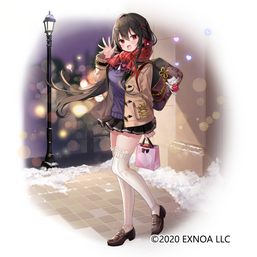 1girl, 2020, :d, bag, bangs, black_footwear, black_hair, black_skirt, blurry, blush, bokeh, border, braid, brown_jacket, carrying_bag, cat_ornament, city_lights, company_name, depth_of_field, emia_(castilla), fading_border, floral_print, fortress_girl, frilled_legwear, gold_trim, hair_between_eyes, hair_ornament, hair_ribbon, head_tilt, heart, heart_hair_ornament, highres, jacket, lamppost, lapel, long_hair, long_sleeves, looking_at_viewer, natsumi_(fortress_girl), neck_ribbon, night, official_art, open_mouth, outdoors, parted_bangs, plaid, plaid_scarf, pleated_skirt, purple_sweater, red_eyes, red_scarf, ribbed_legwear, ribbon, ribbon_braid, road, scarf, shirt, shoes, shopping_bag, sidelocks, sidewalk, skirt, smile, snow, street, sweater, thigh-highs, valentine, very_long_hair, wall, waving, white_legwear, white_shirt, zettai_ryouiki