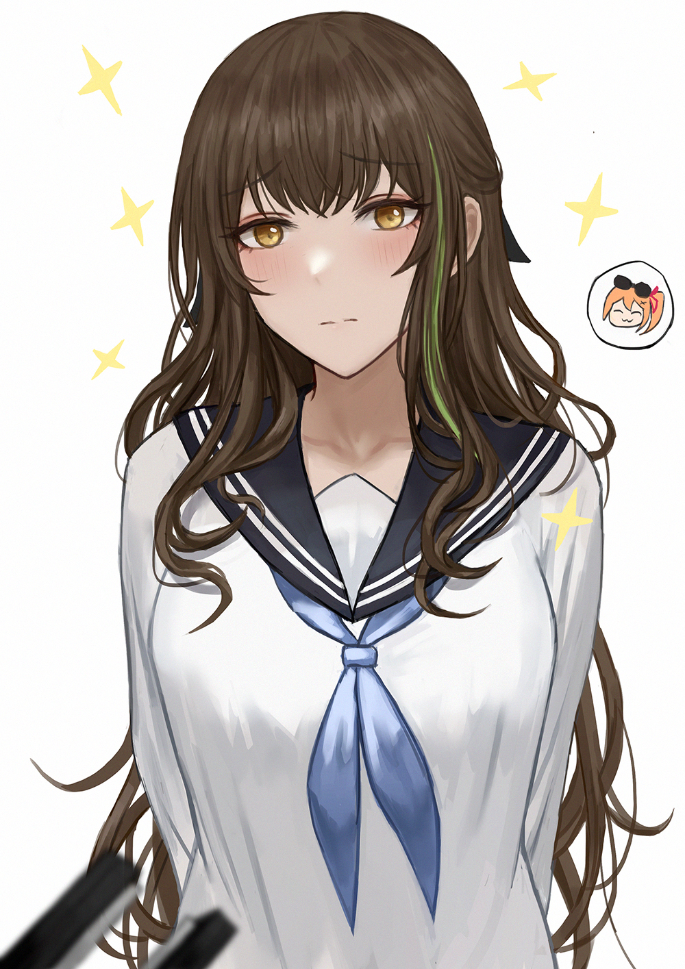 alternate_costume, black_hair, breasts, closed_mouth, eyebrows_visible_through_hair, eyewear_on_head, girls_frontline, green_hair