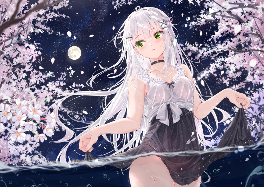 1girl, :o, absurdres, black_skirt, breasts, bubble, cherry_blossoms, dress