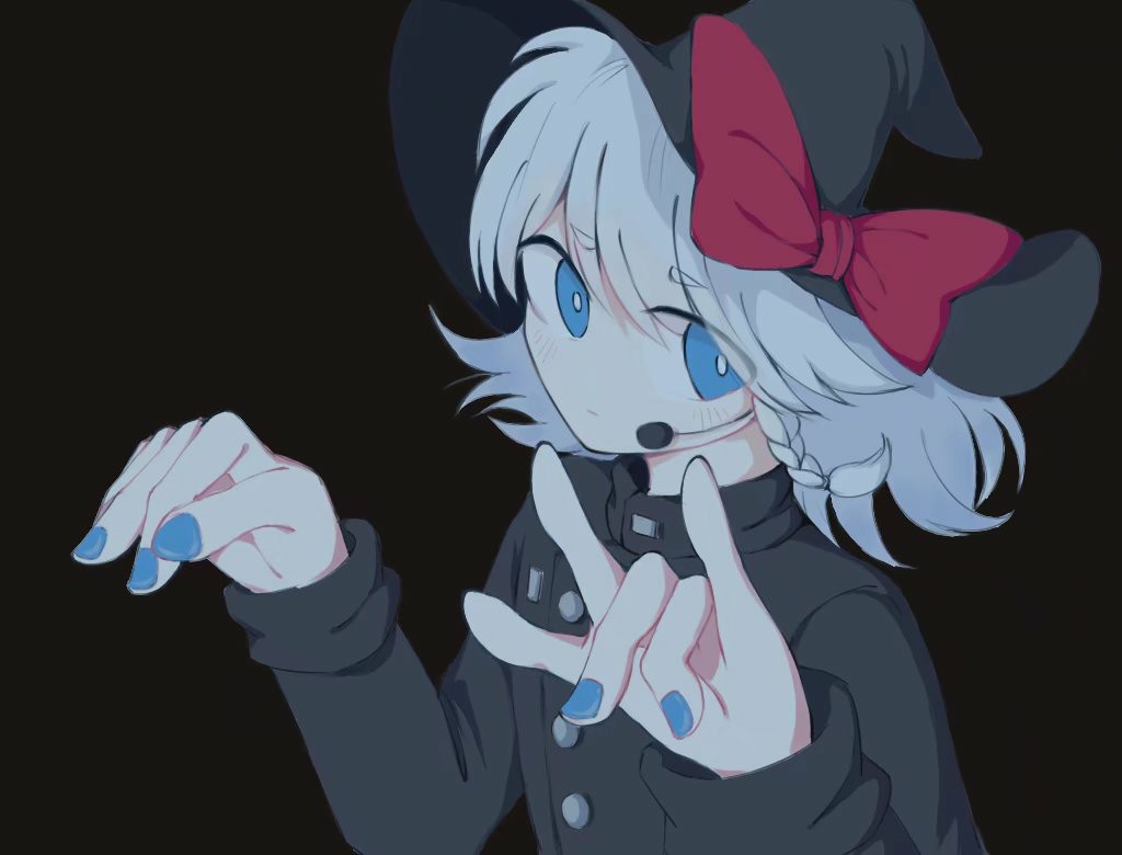 1girl, \m/, alternate_hair_color, bangs, black_headwear, black_jacket, blue_eyes, blue_nails, bow, braid, bright_pupils, closed_mouth, commentary_request, cookie_(touhou), cosplay, expressionless, eyebrows_visible_through_hair, grey_background, hat, hat_bow, hirasawa_susumu, hirasawa_susumu_(cosplay), jacket, kirisame_marisa, lakenightbug, looking_at_viewer, meguru_(cookie), p-model, red_bow, short_hair, side_braid, simple_background, single_braid, solo, touhou, upper_body, white_hair, white_pupils, witch_hat