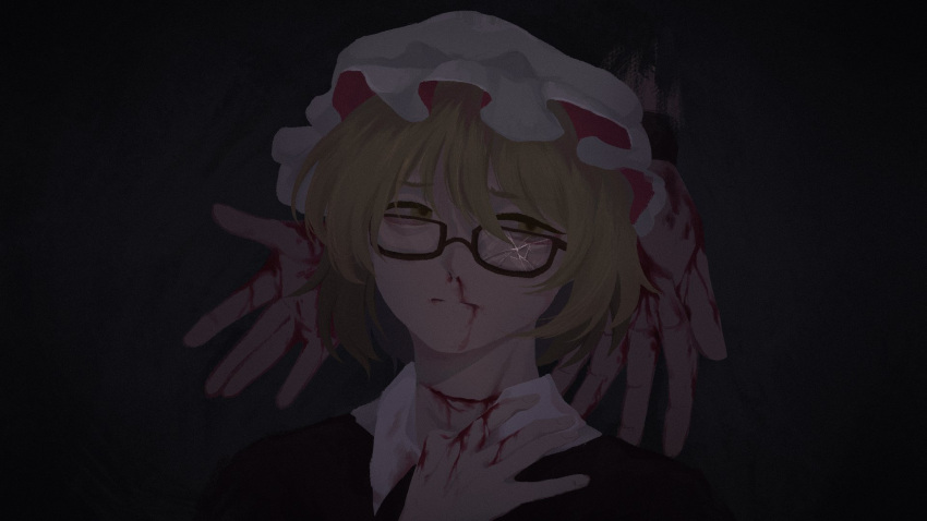 2girls, bangs, black-framed_eyewear, blonde_hair, blood, blood_from_mouth, blood_on_hands, broken_eyewear