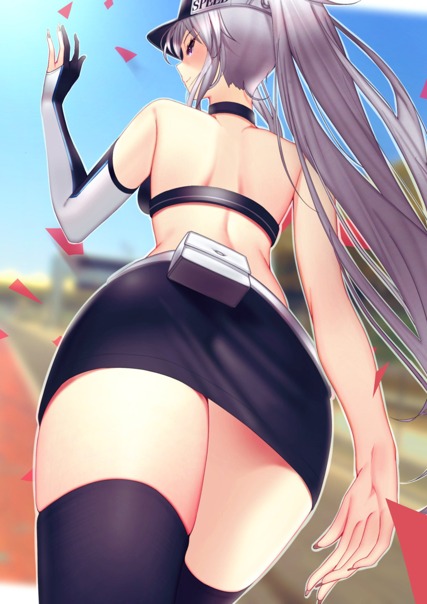 1girl, ass, azur_lane, baseball_cap, black_legwear, black_skirt, elbow_gloves, enterprise_(azur_lane), from_behind, gloves, hat, highres, long_hair, looking_at_viewer, looking_back, miniskirt, miyuki_(9029009), partially_fingerless_gloves, silver_hair, single_glove, skirt, smile, solo, thigh-highs, very_long_hair, violet_eyes