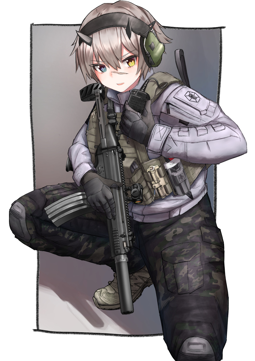 absurdres, assault_rifle, camouflage, camouflage_pants, fn_scar, gun, headset, highres