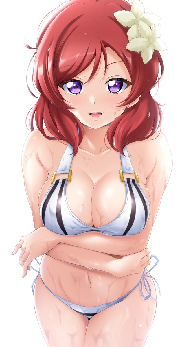 1girl, :d, arms_under_breasts, bikini, breasts, cutie_panther, eyebrows_visible_through_hair, flower