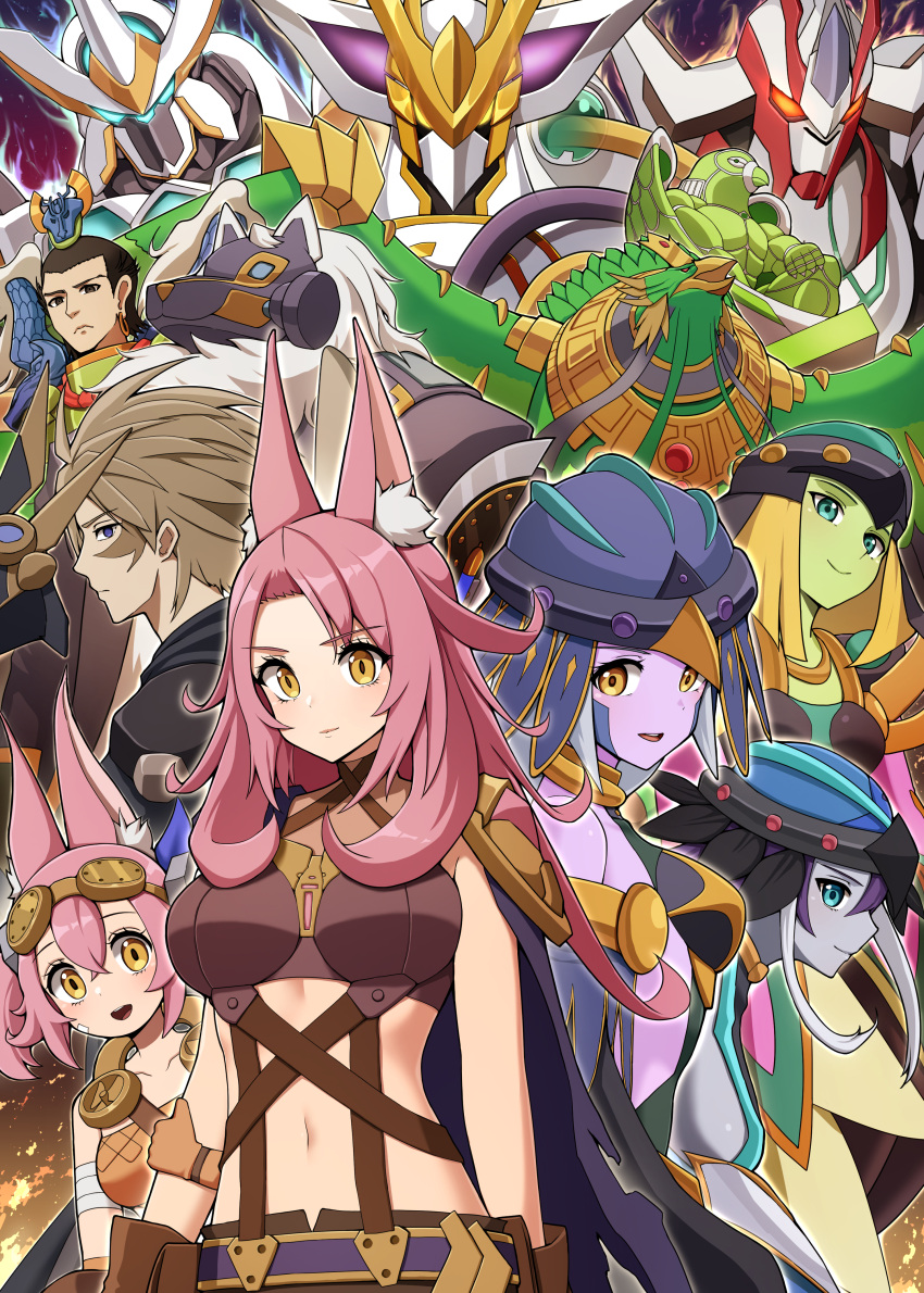3boys, 5girls, absurdres, accesscode_talker, ancient_warriors_oath_-_double_dragon_lords, animal_ears, aqua_eyes, armored_animal