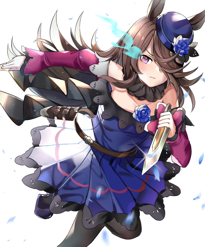 1girl, absurdres, animal_ears, bare_shoulders, belt, black_legwear, blue_dress, blue_flower