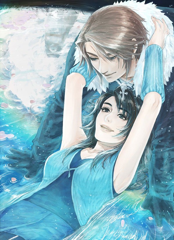 1boy, 1girl, arm_warmers, black_hair, breasts, brown_hair, final_fantasy, final_fantasy_viii