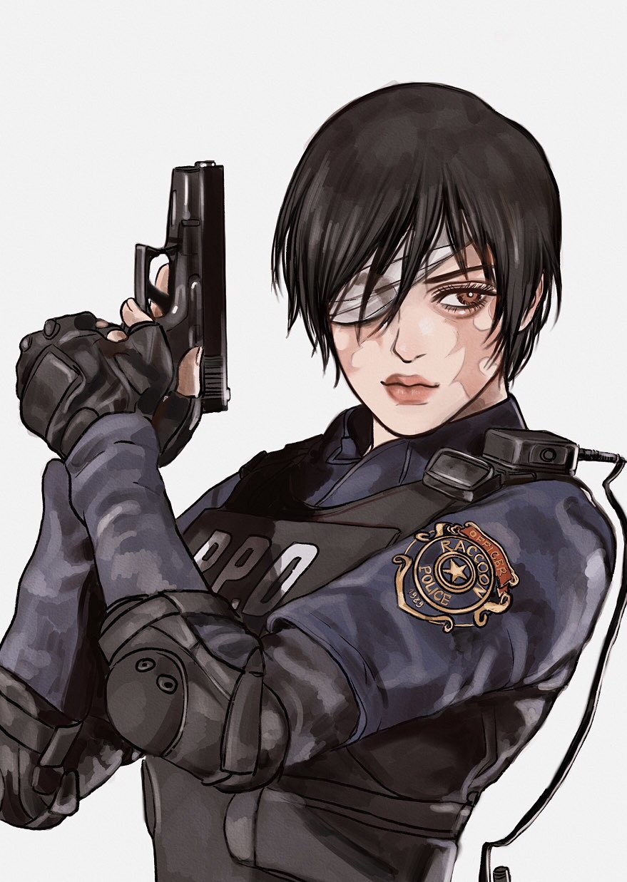 bandage_over_one_eye, burn_scar, cosplay, gun, handgun, highres, imeko_san, leon_s._kennedy