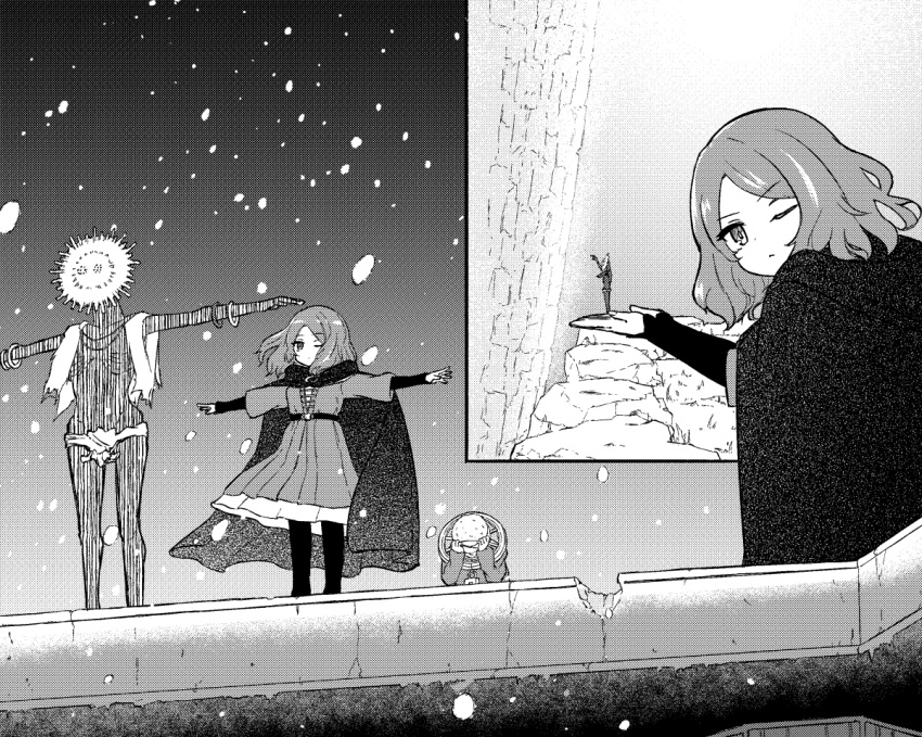 1boy, 1girl, 1other, bangle, bracelet, cape, crack, dress, elden_ring, goldmask_(elden_ring), jewelry, ke_nekono, loincloth, long_sleeves, mask, melina_(elden_ring), monochrome, one_eye_closed, outdoors, short_hair, snowing, standing, t-pose