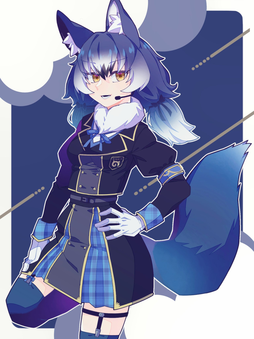 1girl, animal_costume, animal_ears, blue_hair, dire_wolf_(kemono_friends), gloves, hauru_252, highres