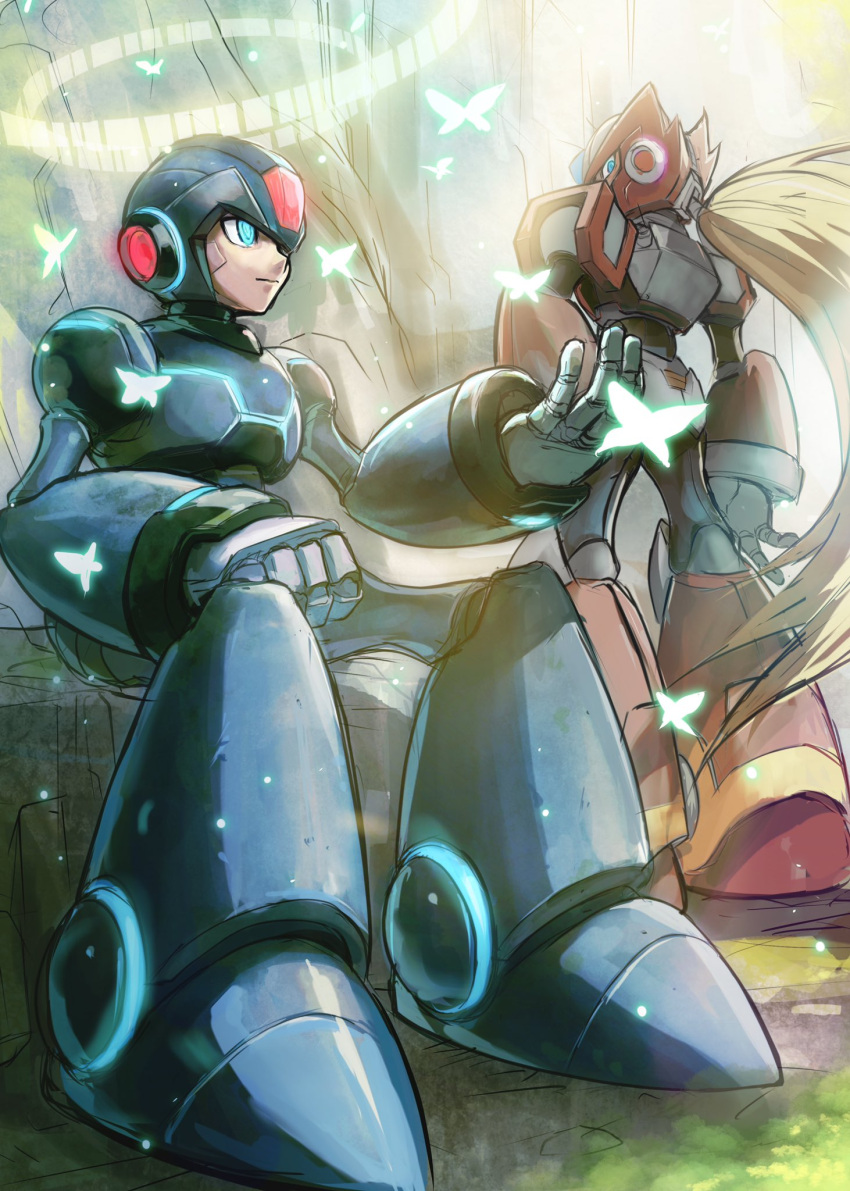 2boys, android, back_turned, blonde_hair, blue_armor, bug, butterfly, clenched_hand, closed_mouth, commentary, glowing, hand_on_hip, helmet, highres, hoshi_mikan, light_particles, looking_at_viewer, looking_back, male_focus, mega_man_(series), mega_man_x_(character), mega_man_x_(series), multiple_boys, outdoors, ponytail, red_armor, robot, shadow, sitting, sparkle, standing, tree, x_(mega_man), zero_(mega_man)