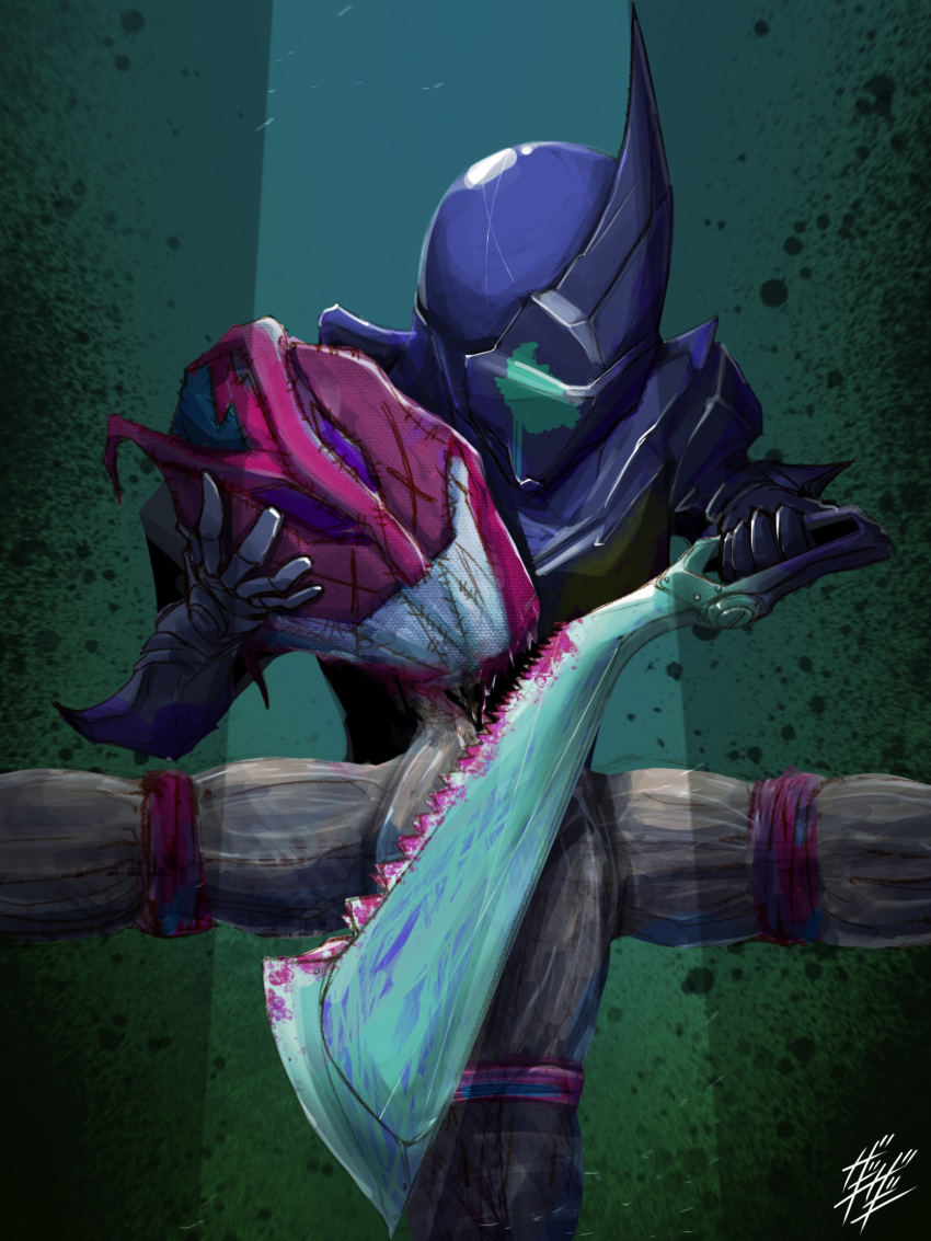 1boy, armor, bat, black_armor, boots, crack, cracked_floor, dark_foreground
