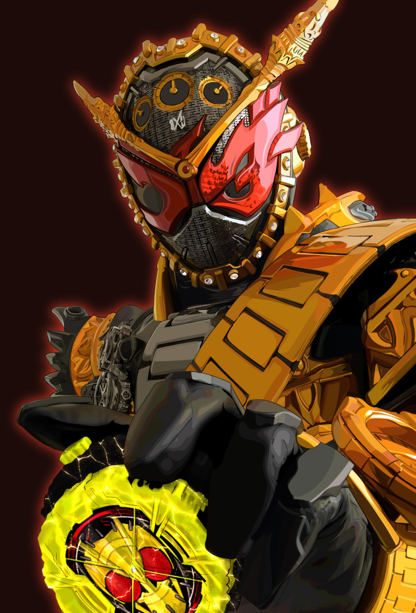 1boy, armor, black_armor, bug, clock, clock_hands, commentary_request, derivative_work