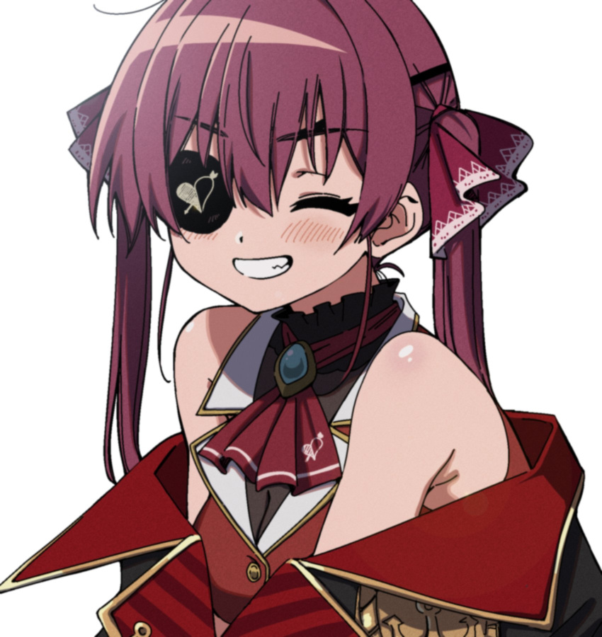 1girl, ^_^, clenched_teeth, closed_eyes, hair_ribbon, highres, hololive, homura910210