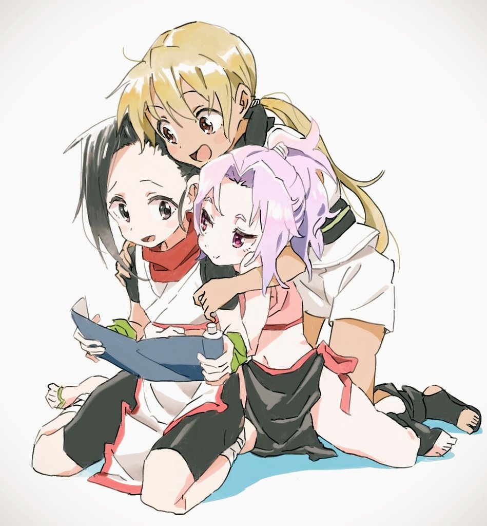 3girls, asagao_(kunoichi_tsubaki_no_mune_no_uchi), black_footwear, black_hair, black_scarf, black_shorts, blonde_hair, blush_stickers