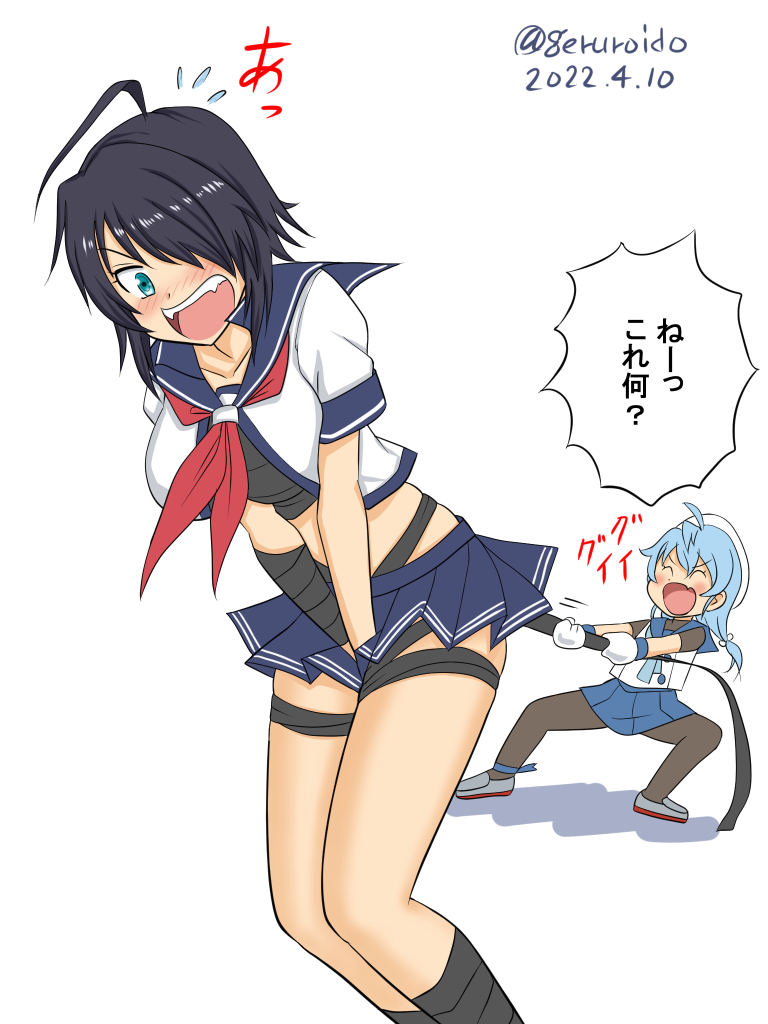 2girls, ahoge, bangs, black_hair, blue_sailor_collar, blue_skirt, dated, geru