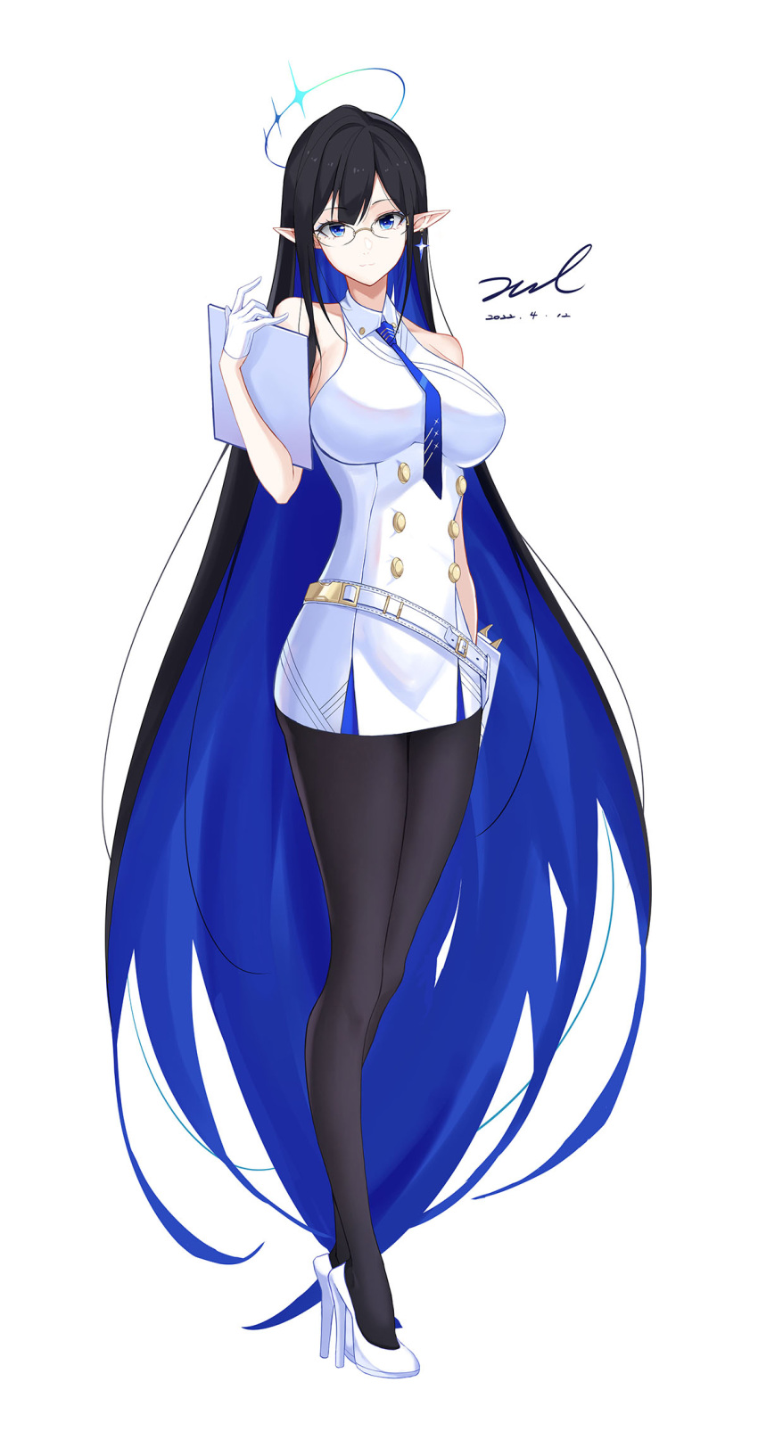 1girl, :3, absurdly_long_hair, bare_arms, bare_shoulders, belt, black_hair, black_legwear
