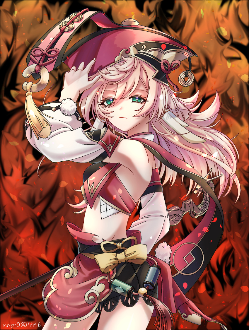 1girl, aqua_eyes, bangs, black_skirt, breasts, detached_sleeves, fire, from_side, genshin_impact, hair_tubes, highres, long_hair, looking_at_viewer, open_hand, pink_hair, red_headwear, shichijou_(nanashi_r0), skirt, small_breasts, smile, solo, yanfei_(genshin_impact)