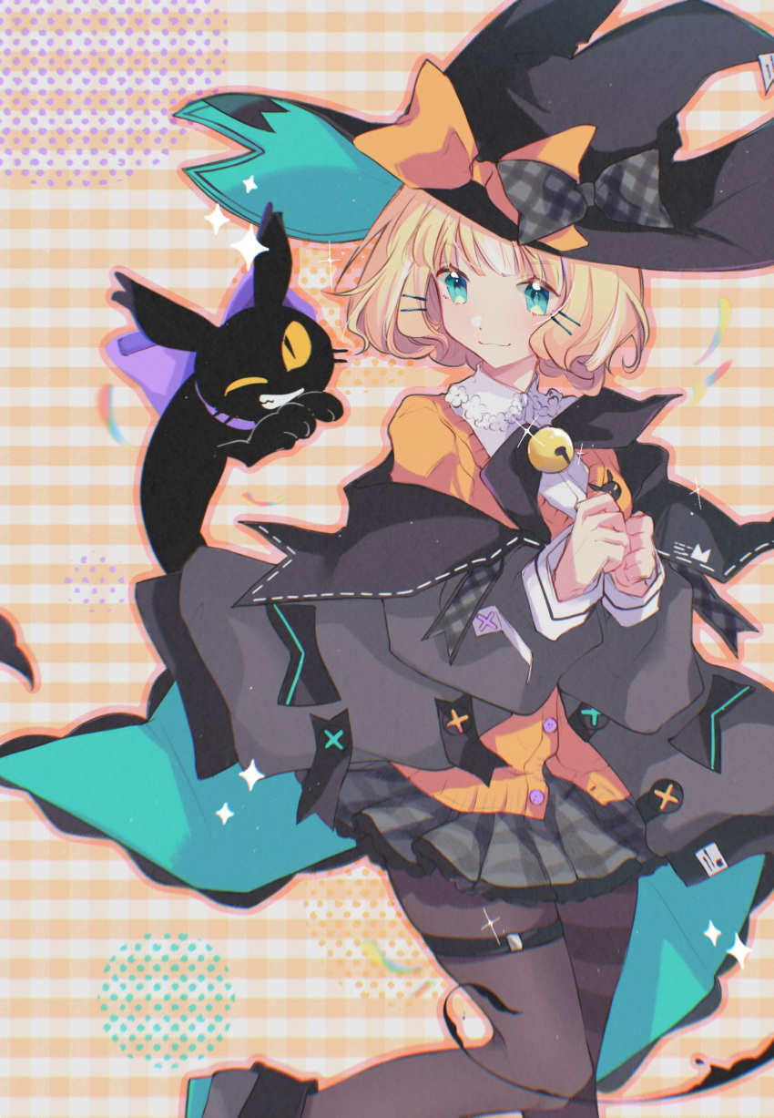 04530, 1girl, bell, black_bow, black_footwear, black_jacket, black_legwear, blonde_hair