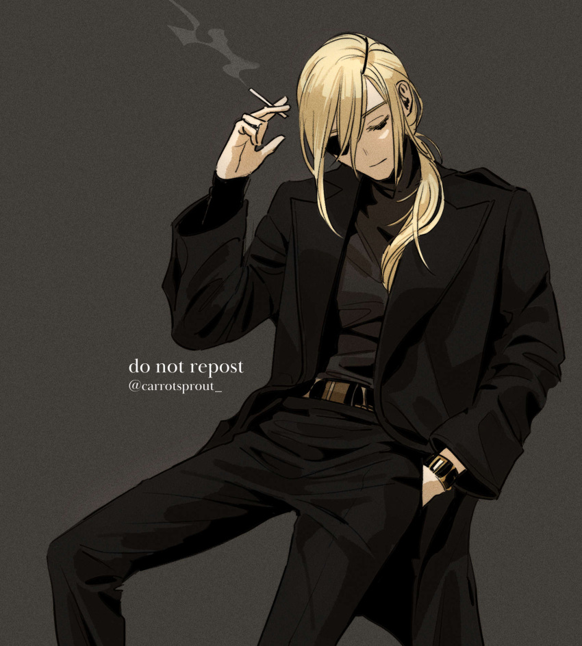 1girl, black_jacket, black_pants, black_sweater, business_suit, carrotsprout, chainsaw_man, cigarette, closed_eyes, eyepatch, formal, hand_in_pocket, highres, holding, holding_cigarette, jacket, long_hair, pants, ponytail, quanxi_(chainsaw_man), simple_background, smoking, solo, suit, sweater, white_hair