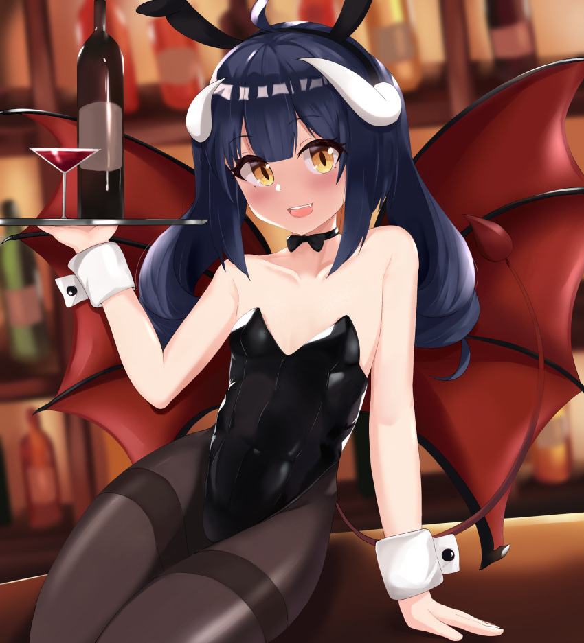 1girl, absurdres, animal_ears, arm_support, bat_wings, black_bow, black_bowtie, black_hair