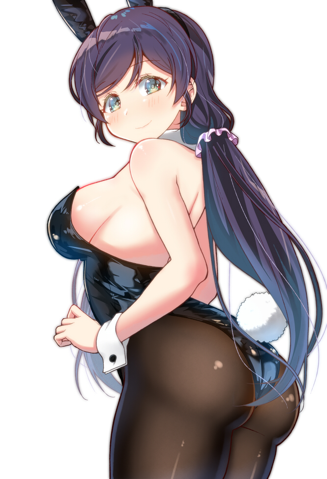 1girl, animal_ears, aqua_eyes, ass, bangs, black_legwear, black_leotard, breasts