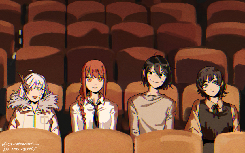1boy, 3girls, black_hair, black_necktie, braid, braided_ponytail, carrotsprout, chainsaw_man
