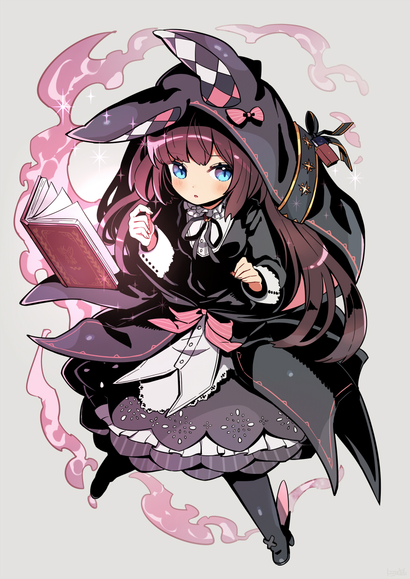 1girl, animal_hood, argyle, black_dress, black_footwear, black_ribbon, blue_eyes, book, boots, brown_hair, commentary, dress, floating, floating_book, floating_object, francesca_(pride_of_eden), full_body, grey_background, hood, keijou_(cave), long_sleeves, looking_at_viewer, magic, neck_ribbon, oversized_clothes, red:_pride_of_eden, ribbon, simple_background, sleeve_cuffs, smoke, solo, sparkle, thigh-highs, thigh_boots