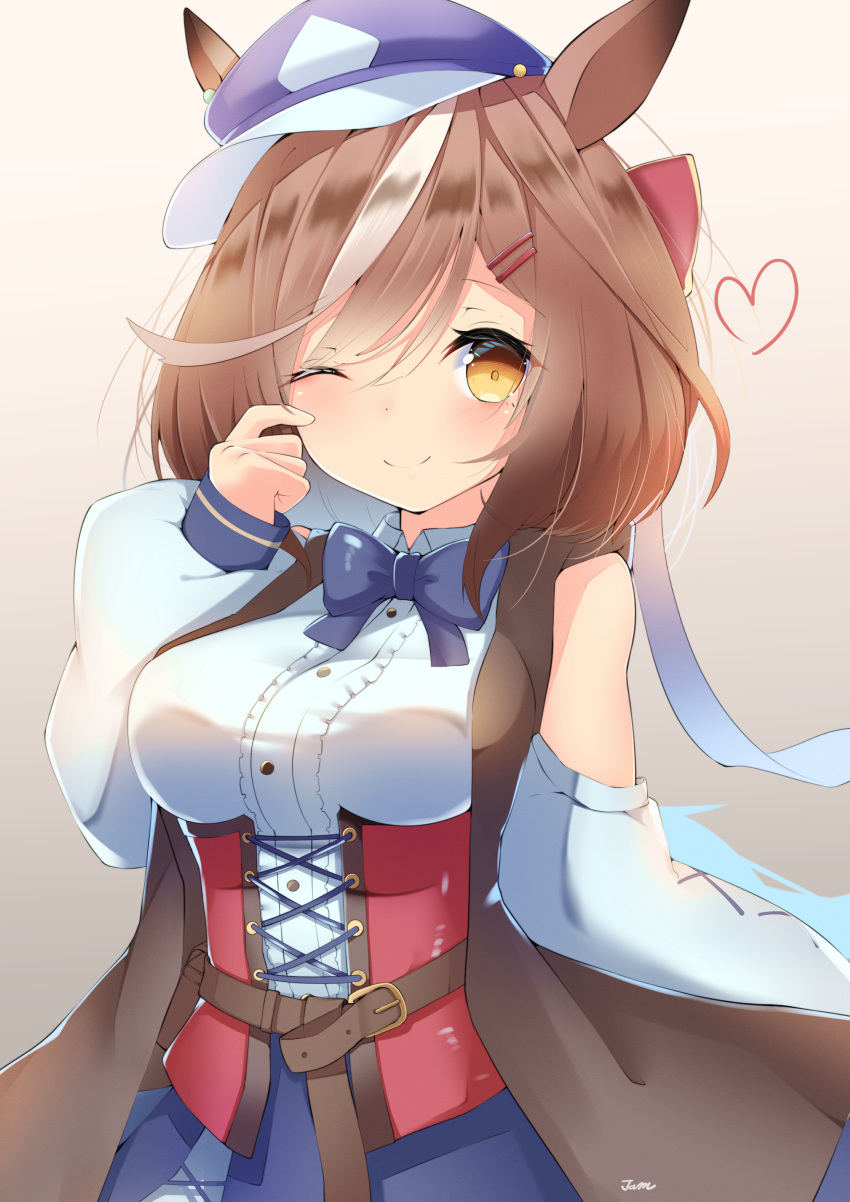 absurdres, belt, belt_bag, blush, breasts, cabbie_hat, commentary_request, hair_ornament