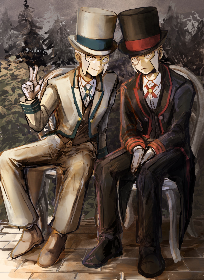 2boys, :>, :<, absurdres, black_footwear, black_headwear, black_pants, black_suit