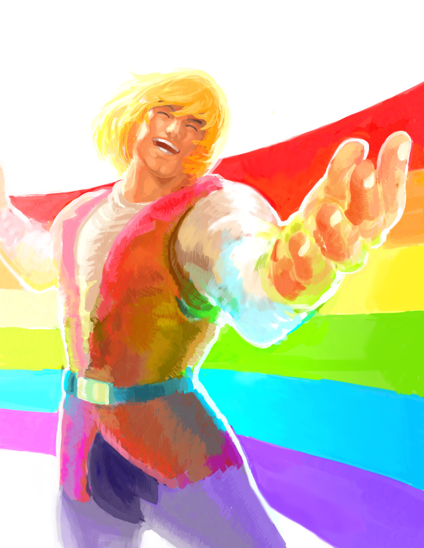 1boy, 2011, absurdres, blonde_hair, brekkist, fabulous_secret_powers, gay, he-man, highres, lgbt_pride, masters_of_the_universe, meme, open_mouth, pride_flag, prince_adam, queer, rainbow, rainbow_flag, smile, solo