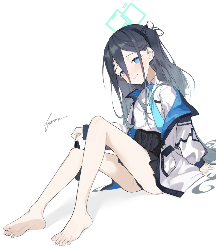 1girl, arisu_(blue_archive), bare_legs, barefoot, black_legwear, black_panties, black_skirt, blue_archive