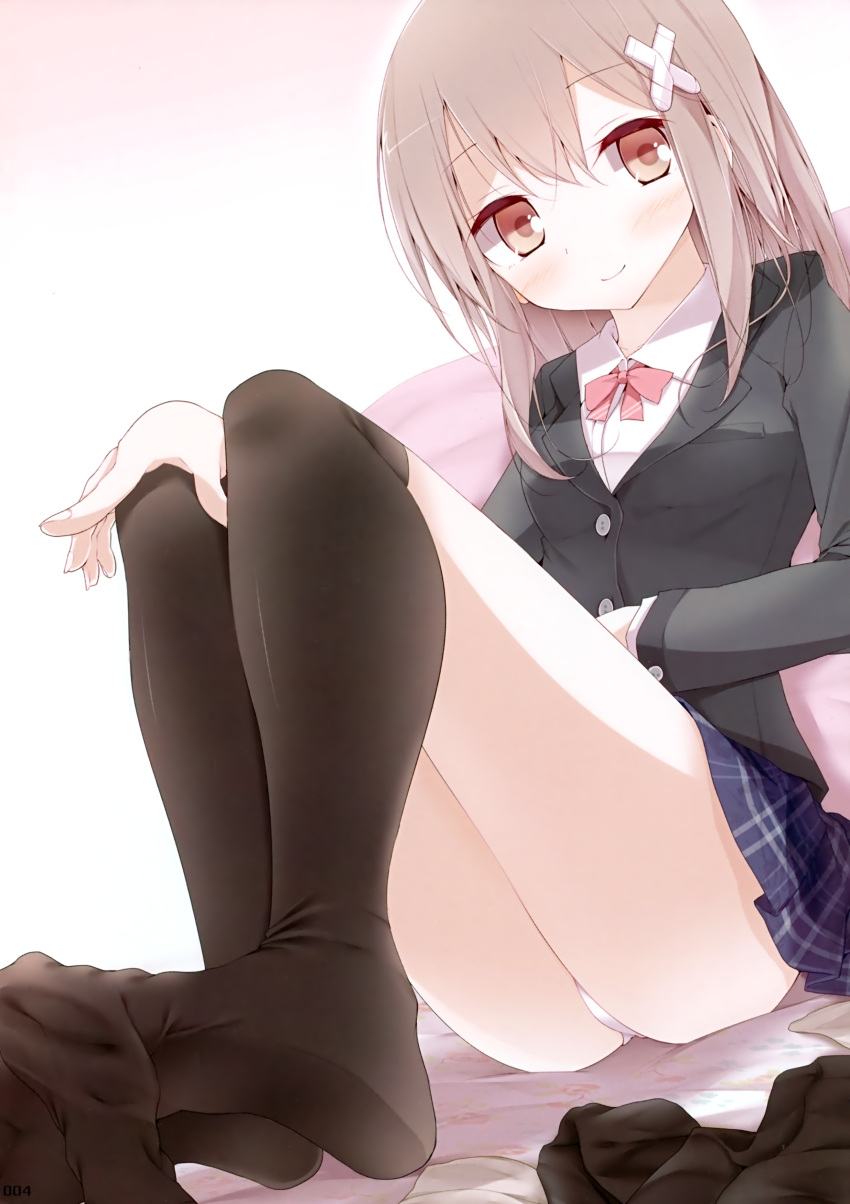 1girl, absurdres, ass, bangs, bed_sheet, blush, bow, bowtie