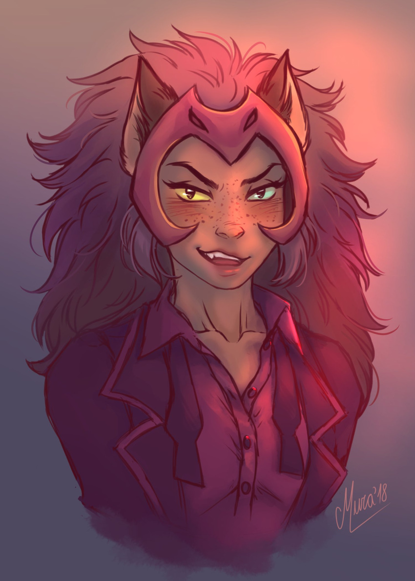 1girl, 2018, blush, catra, collarbone, eyelashes, formal, freckles, headgear, heterochromia, highres, long_hair, masters_of_the_universe, murasaki_yuri, red_headwear, she-ra_and_the_princesses_of_power, smile, solo, suit, teeth