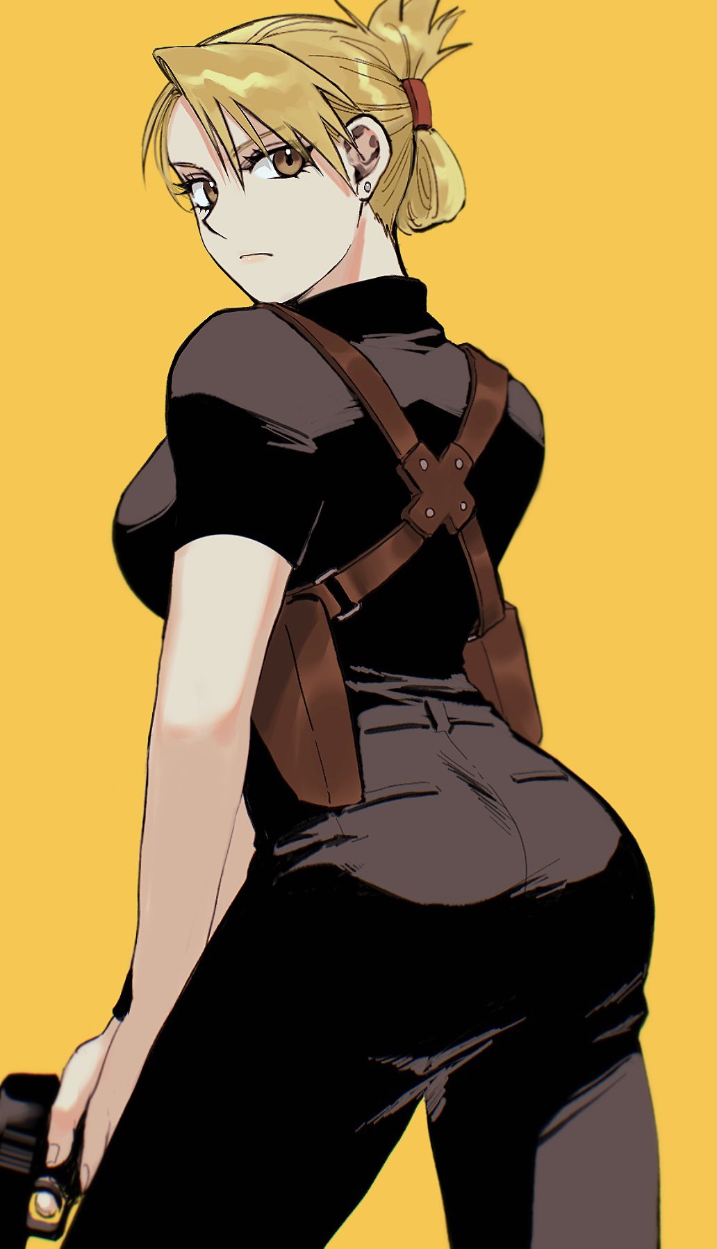 1girl, amestris_military_uniform, ass, blonde_hair, breasts, brown_eyes, fullmetal_alchemist, gun, highres, holding, jewelry, long_hair, looking_at_viewer, military, military_uniform, ozaki_(tsukiko3), riza_hawkeye, shirt, simple_background, smile, solo, uniform, weapon
