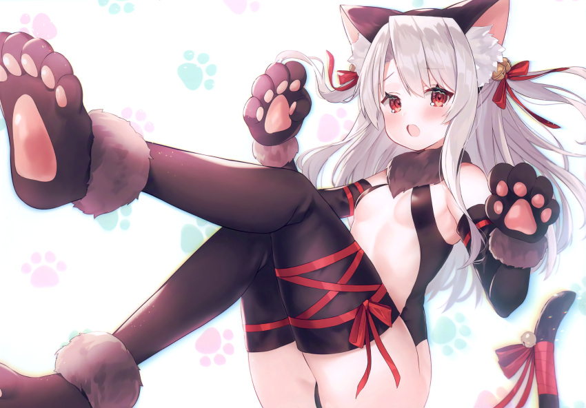 1girl, animal_ear_fluff, animal_ears, animal_hands, bangs, bare_shoulders, bell, blush
