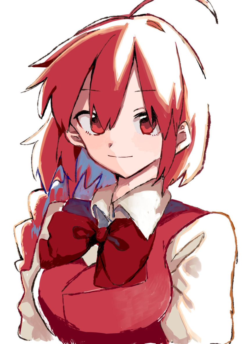 1girl, ahoge, bangs, bow, bowtie, braid, breasts, closed_mouth
