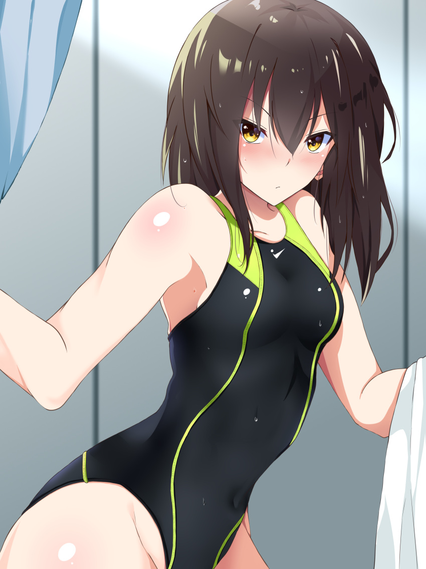 1girl, absurdres, blush, bodysuit, breasts, brown_hair, check_commentary, commentary_request, competition_swimsuit, highleg, highres, locker, locker_room, logo, looking_at_viewer, medium_hair, nike, one-piece_swimsuit, original, pout, school_swimsuit, sebunsu, skin_tight, small_breasts, solo, swimsuit, wetsuit, yellow_eyes